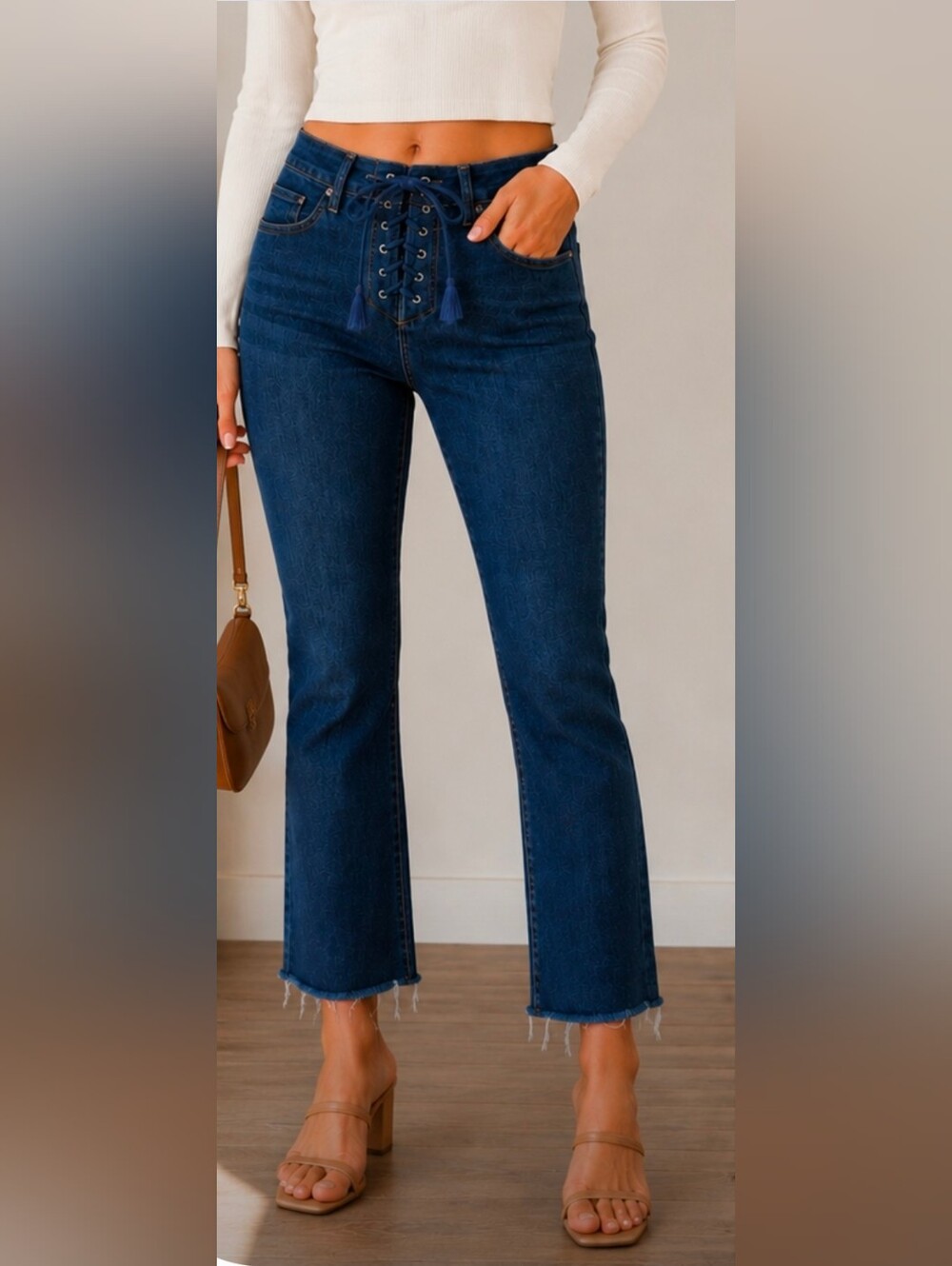 PAIGE Colette Crop Flare Jeans Hanley Lace Up Dark Wash Raw Hem Size 27